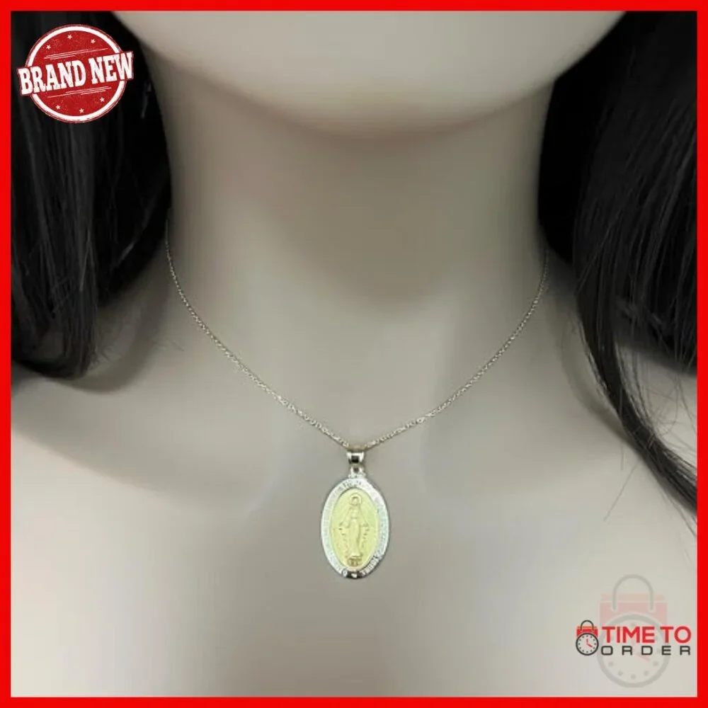 Solid 14K Gold Virgin Mary Pendant, Oval Medal for Women Men